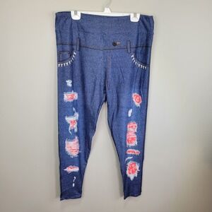 Dren Designs Dark Wash Faux Distressed Denim Bandana Accent Leggings Extended PS